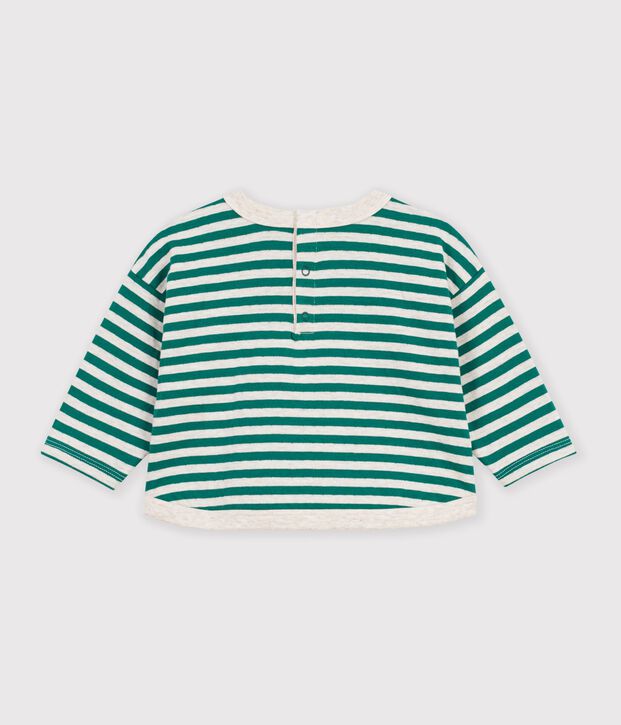 T-shirt a maniche lunghe in cotone a righe neonato. verde/beige