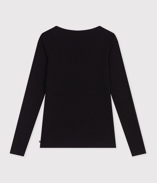 T-shirt con ampio scollo arrotondato in misto lana e cotone tinta unita donna nero