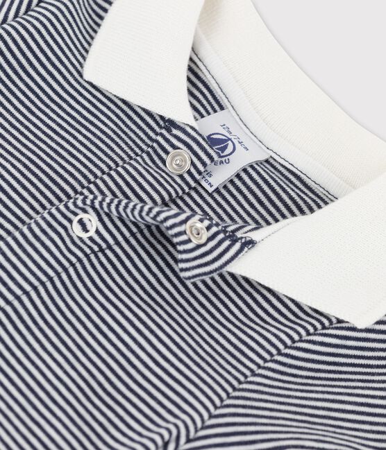 Body bebè con colletto a polo millerighe in cotone biologico blu SMOKING/bianco MARSHMALLOW