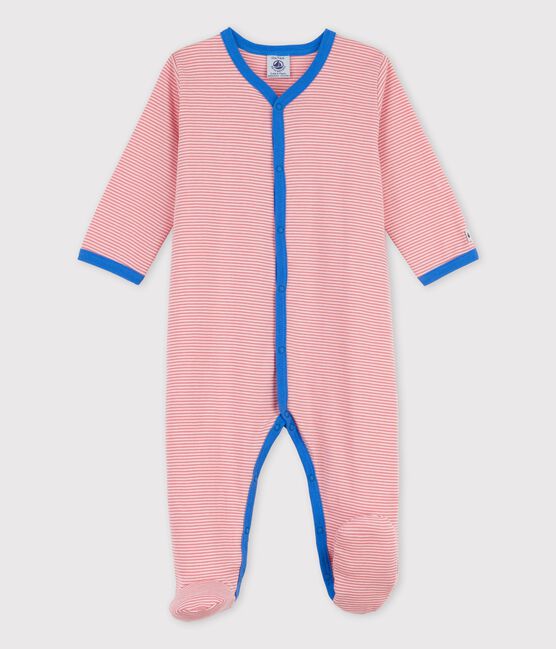 Tutina pigiama bebè a righe in cotone biologico rosa PAPAYE/ MARSHMALLOW