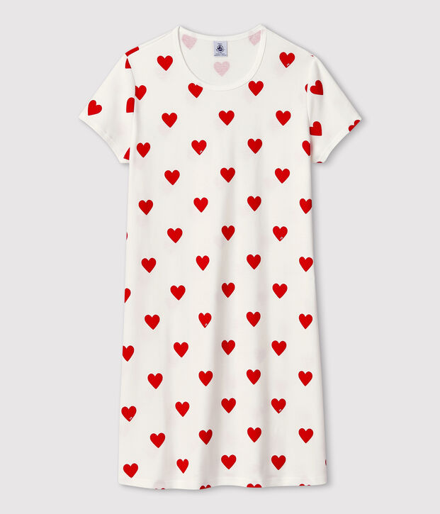 Camicia da notte ragazza in cotone motivo cuore bianco/rosso