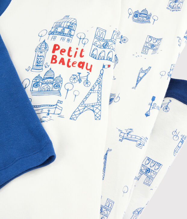 Pigiama motivo Parigi bambino a costine bianco/blu/multicolore