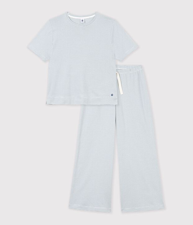 Pigiama in cotone a righe con gamba ampia donna grigio/bianco