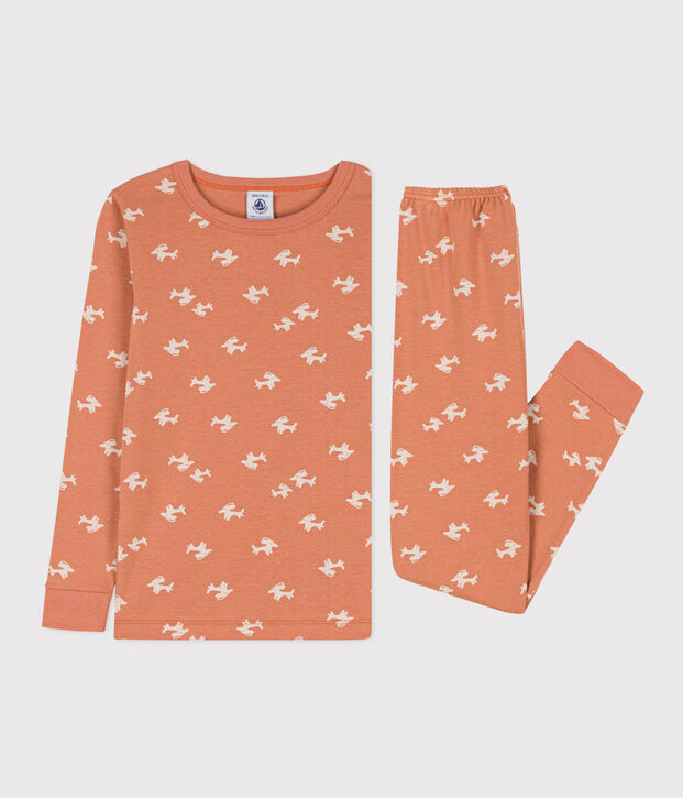 Pigiama bambina in cotone aderente rosa/ecru