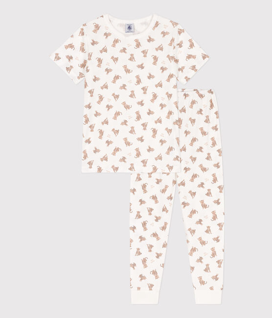 Pigiama in cotone a maniche corte con leopardi per bimbi, unisex bianco MARSHMALLOW/bianco MULTICO