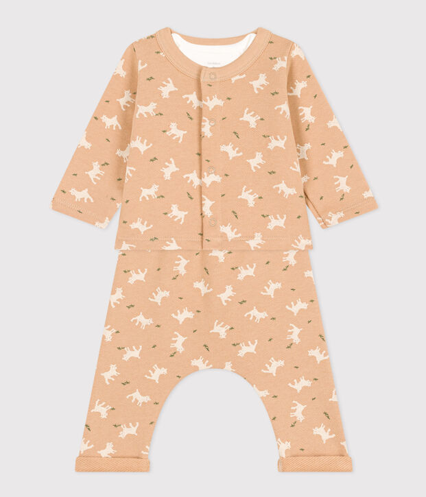 Completo in tessuto felpato con stampa per beb&egrave; beige/multicolore