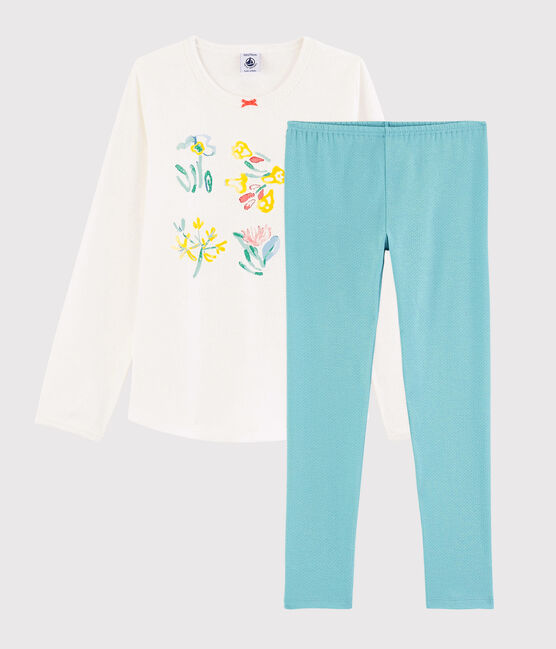 Pigiama fiori primaverili bambina in cotone blu TIKI/bianco MARSHMALLOW