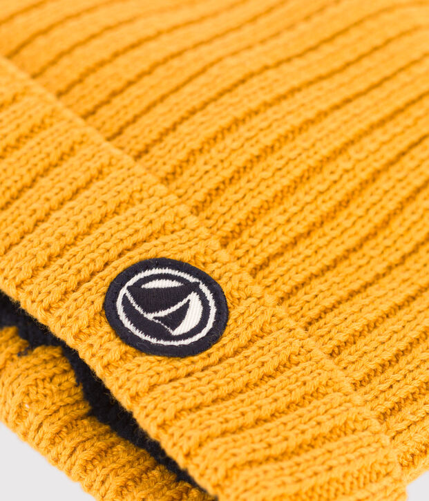 Berretto beb&egrave; in maglia foderato in pile giallo