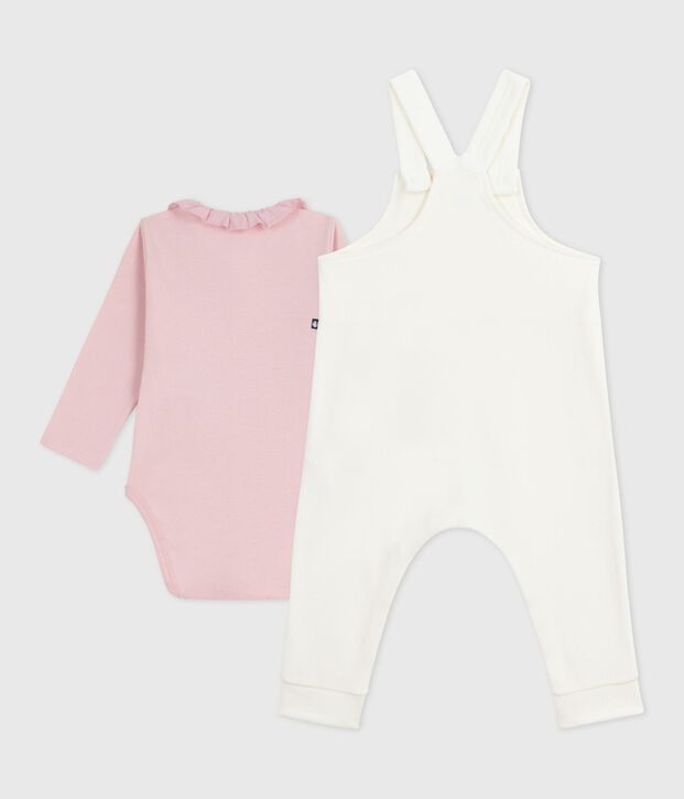 Set con salopette in cotone tinta unita con dettagli raffinati neonata ecru/rosa