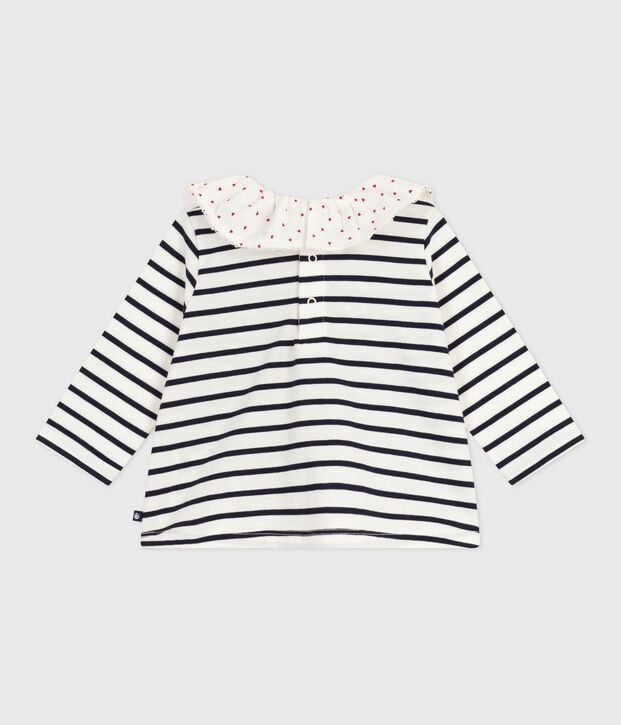 Blusa a maniche lunghe in cotone con motivo marini&egrave;re e colletto con cuoricini neonata bianco/blu