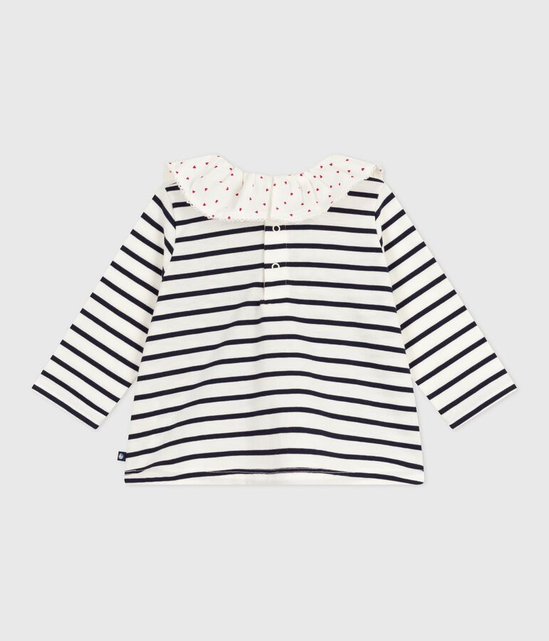 Blusa a maniche lunghe in cotone con motivo marini&egrave;re e colletto con cuoricini neonata bianco/blu