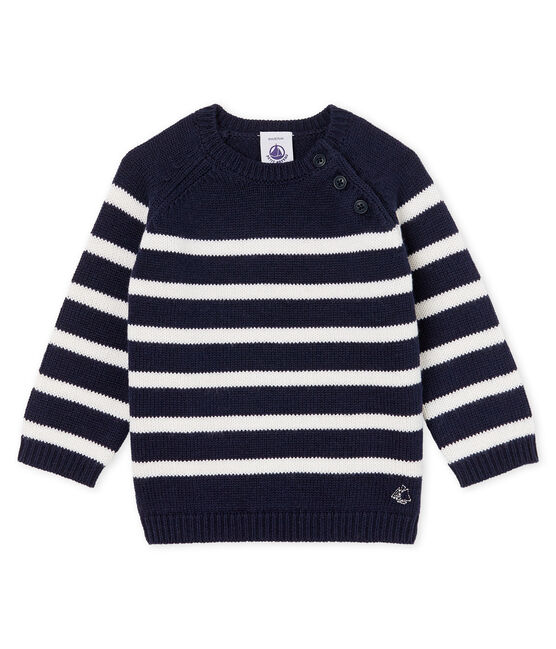 Pull lana e cotone a righe bebè maschio blu SMOKING/bianco MARSHMALLOW