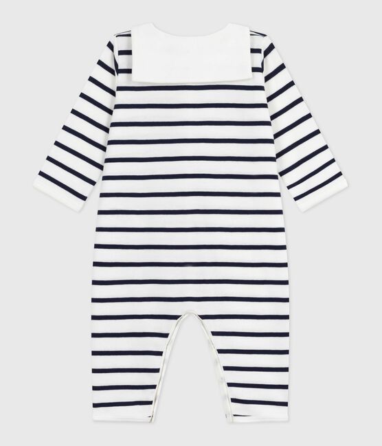 Pigiama senza piedini con scollo a barca in cotone con stampa a righe neonato bianco MARSHMALLOW/blu SMOKING