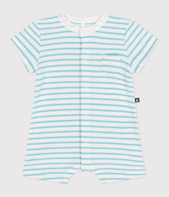 Tutina corta in spugna di cotone a righe neonato blu MARSHMALLOW/ AQUATIC