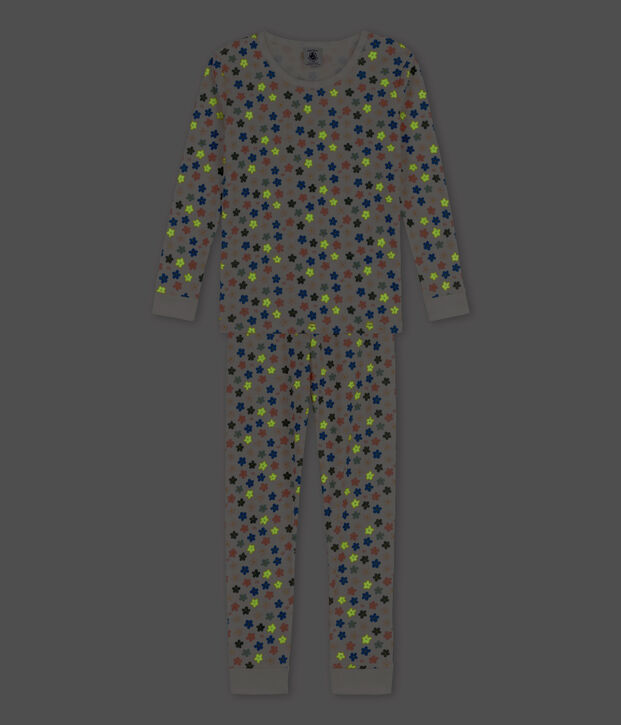 Pigiama snugfit a fiori fosforescenti effetto retr&ograve; bambina in cotone bianco/multicolore
