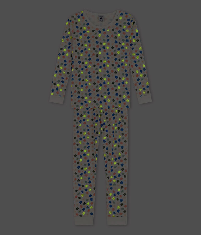 Pigiama snugfit a fiori fosforescenti effetto retr&ograve; bambina in cotone bianco MARSHMALLOW/bianco MULTICO