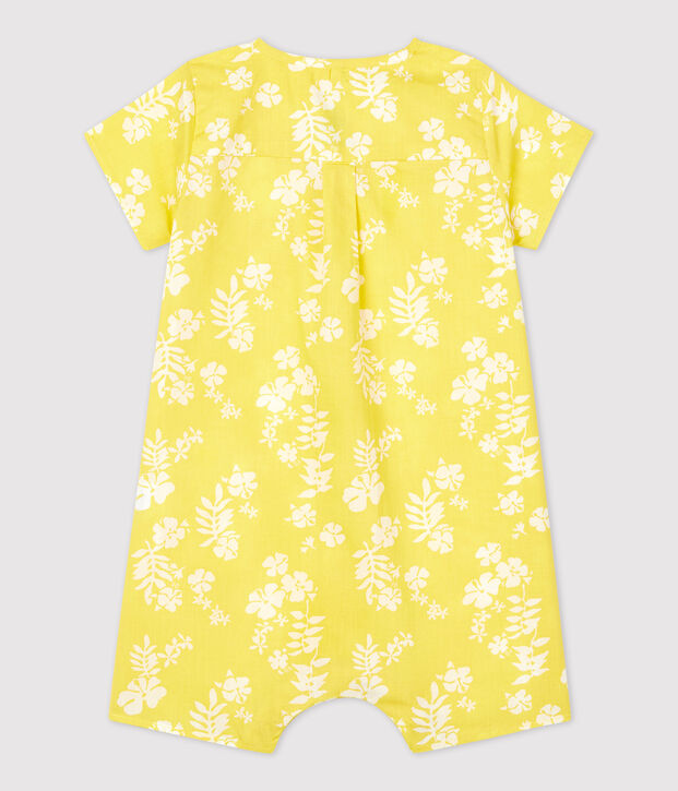 Tutina corta beb&egrave; in popeline biologico con fantasia hawaiana giallo/bianco
