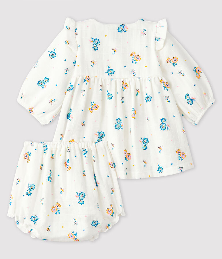 Abito a fiori a maniche lunghe con bloomer bimba in tessuto pannolino bianco/multicolore