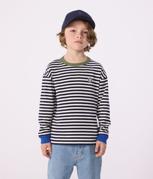 T-shirt a maniche lunghe in cotone a righe bambino blu/ecru