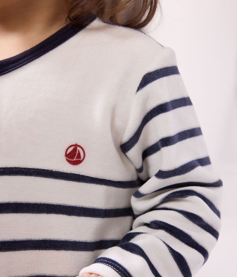 Pigiama beb&egrave; a righe in ciniglia bianco/blu