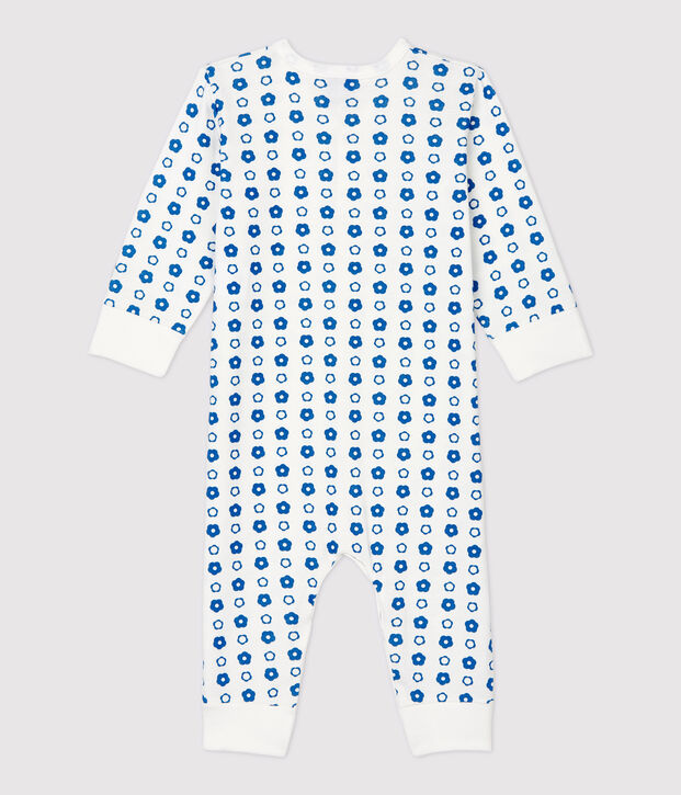 Tutina pigiama senza piedi a fiori beb&eacute; in cotone biologico bianco/blu