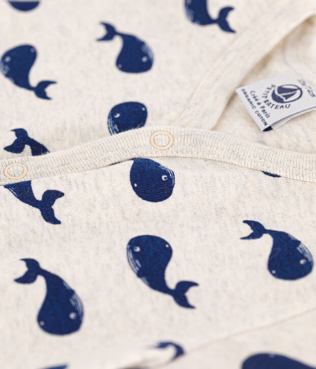 Tutina corta con balene blu in cotone beb&egrave; beige/blu