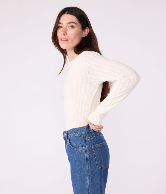 T-shirt L'Iconique a maniche lunghe in cotone traforato donna ecru MILK