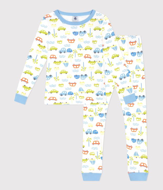 Pigiama molto aderente in cotone con automobili stampate bambino bianco/multicolore