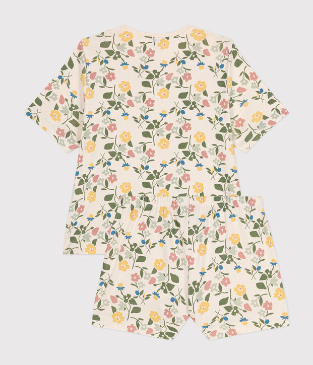 Pigiama donna con pantaloncini e t-shirt in cotone con motivo floreale ecru/multicolore