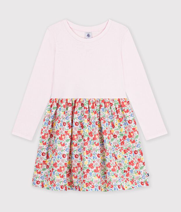 Abito a maniche lunghe in cotone a fiori bambina bianco/multicolore