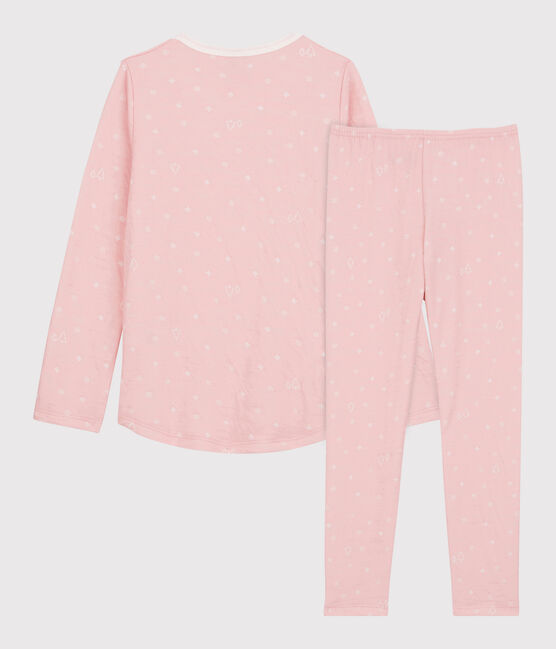 Pigiama jacquard bambina fantasia fiocchi di neve in lana e cotone rosa CHARME/bianco MARSHMALLOW