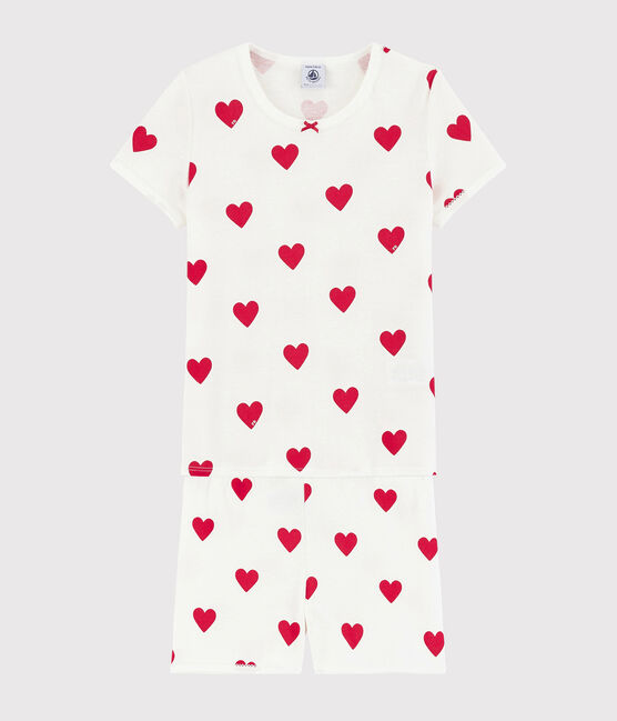 Pigiama corto bambina in cotone motivo cuore bianco MARSHMALLOW/rosso TERKUIT