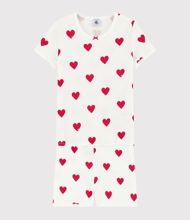 Pigiama short per bambini in cotone con stampa a cuori bianco/rosso