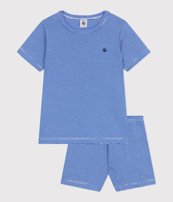 Pigiama corto in cotone a righe bambino blu PERSE/bianco MARSHMALLOW
