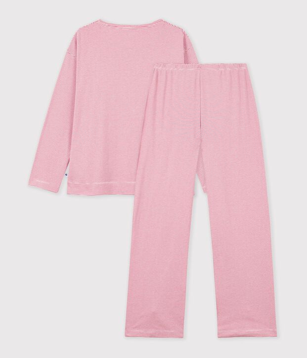 Pigiama con gamba dritta in cotone a righe donna rosa/bianco