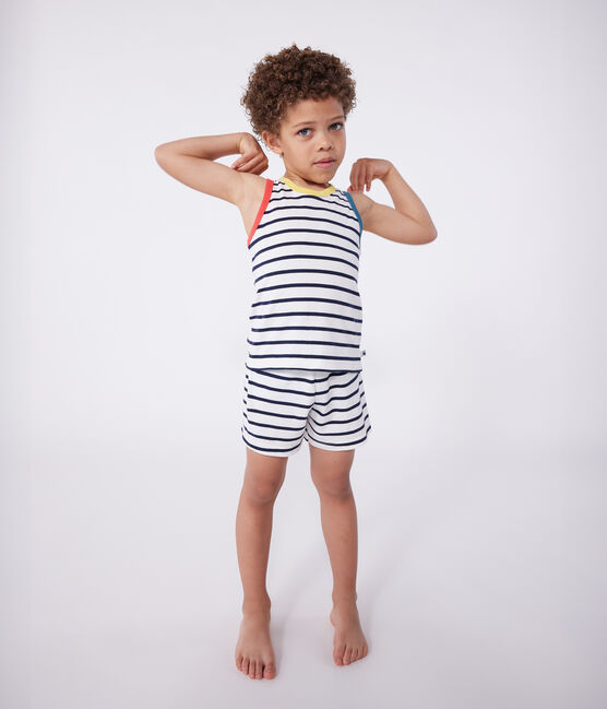 Pigiama corto con canotta in cotone a righe bambino bianco MARSHMALLOW/blu SMOKING