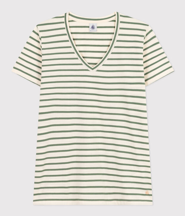 T-shirt donna Le droit scollo a V in cotone a righe ecru/verde