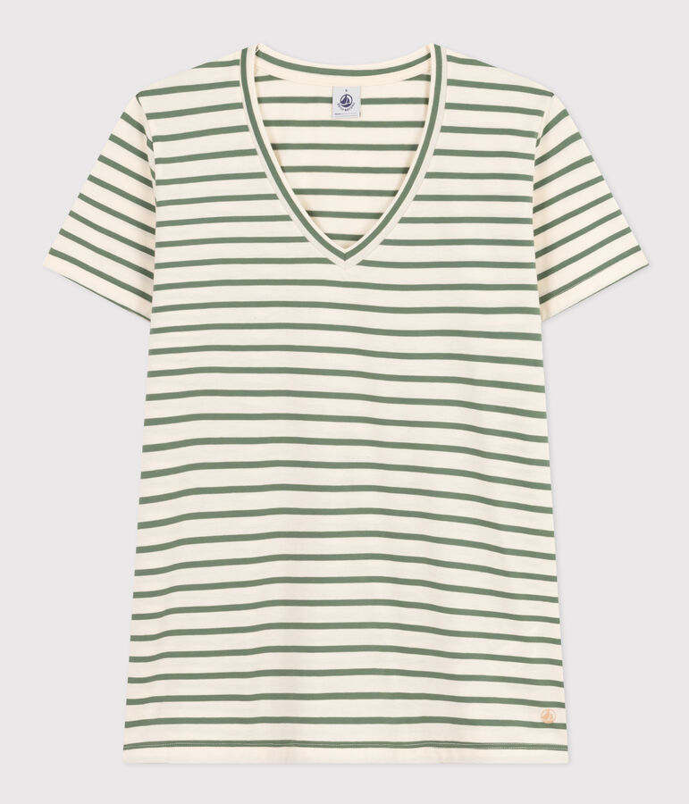 T-shirt donna Le droit scollo a V in cotone a righe ecru/verde
