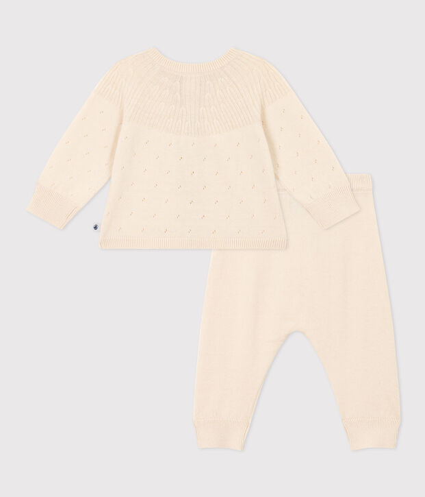 Completo in tricot di lana e cotone per beb&egrave; ecru