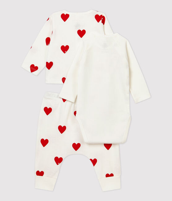 Completo 3 pezzi a cuori rossi bebè in cotone biologico bianco MARSHMALLOW/rosso TERKUIT
