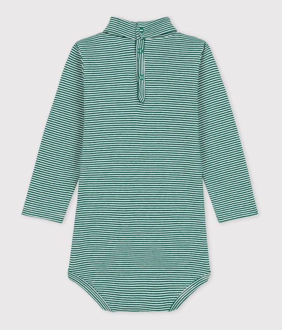 Body bebè a maniche lunghe in cotone a righe con collo dolcevita EVERGREEN/ MARSHMALLOW