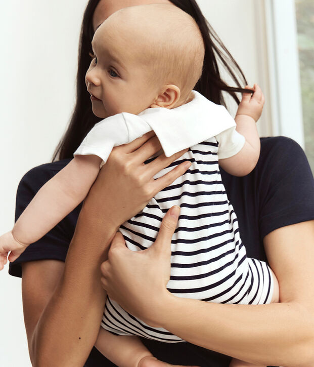 Tutina corta in cotone a righe con collo alla marinara neonato blu/blu