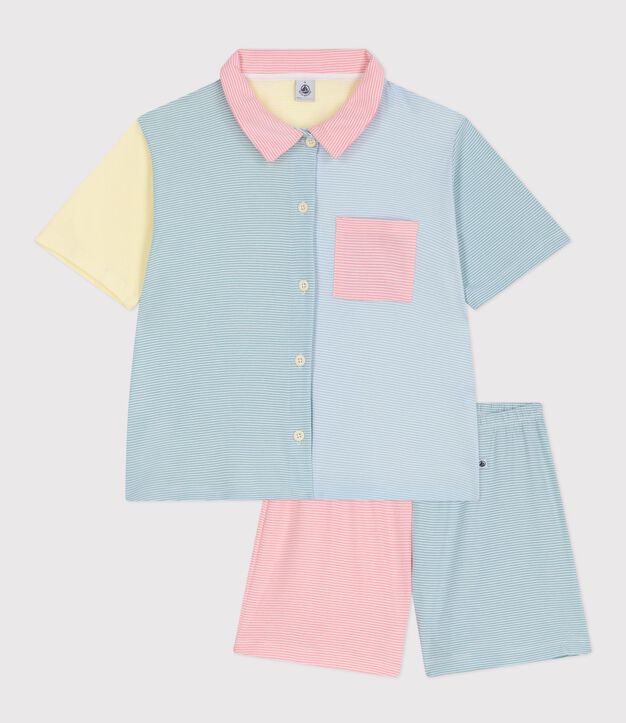 Pigiama con pantalonicini da donna in cotone a righe e bottoni sul davanti bianco/multicolore