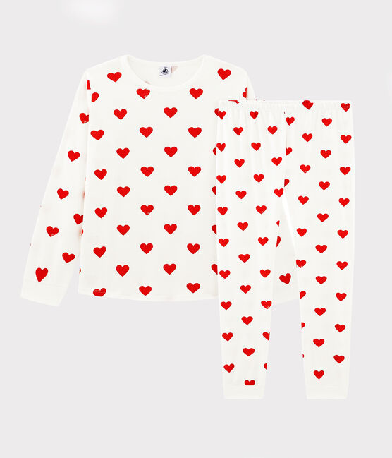 Pigiama bambino fantasia cuori in molleton bianco MARSHMALLOW/rosso TERKUIT