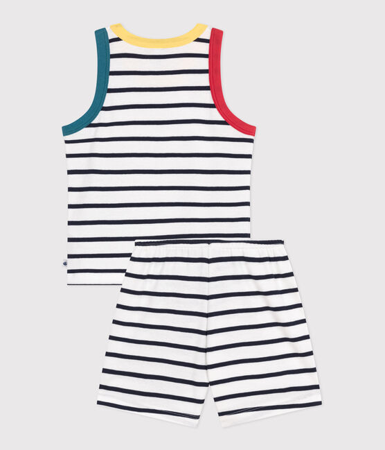 Pigiama corto con canotta in cotone a righe bambino bianco MARSHMALLOW/blu SMOKING