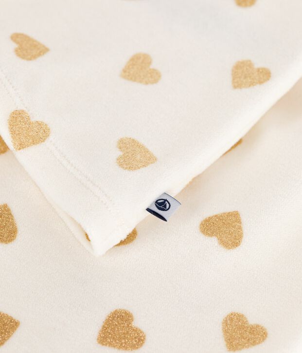 Pigiama per bambini in velluto/ciniglia con stampa di cuori dorati glitterati ecru/giallo