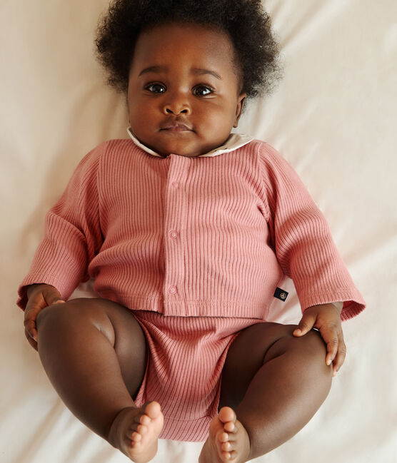 Completo nascita tre pezzi in cotone e T-shirt con scollo ricamato. rosa ROSEWOOD/ MULTICO