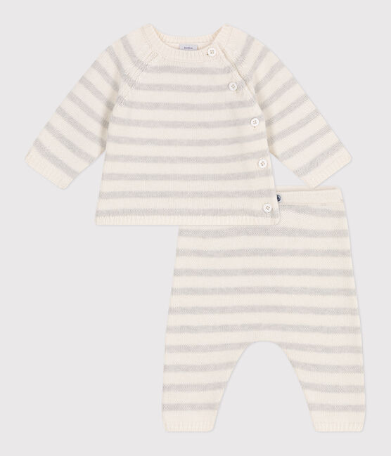 Completo 2 pezzi in maglia di lana e cotone neonato bianco MARSHMALLOW/ MONTELIMAR