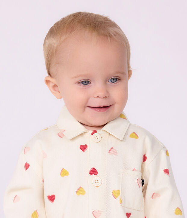 Tutina lunga in cotone con stampa a cuori neonata ecru/multicolore