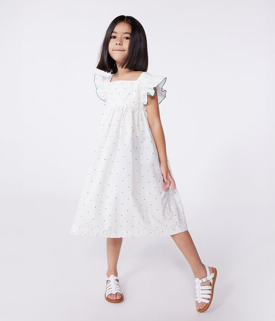 Abito lungo senza maniche in cotone a pois bambina bianco MARSHMALLOW/bianco MULTICO